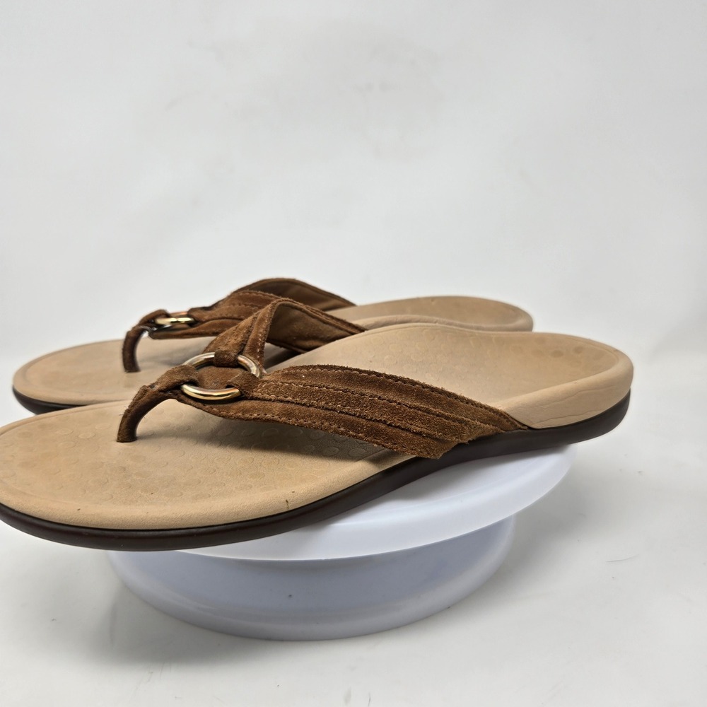 Vionic Brown Suede Orthotic Flip Flop Sandals Gold Ring Hardware‎ Womens